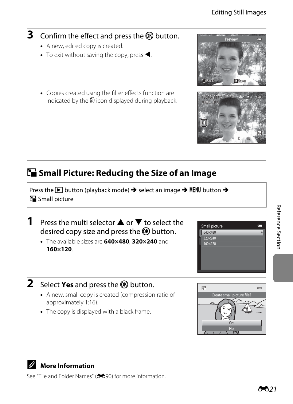 Small picture: reducing the size of an image, G small picture: reducing the size of an image, E21) | Confirm the effect and press the k button, Select yes and press the k button | Nikon S6300 User Manual | Page 135 / 232