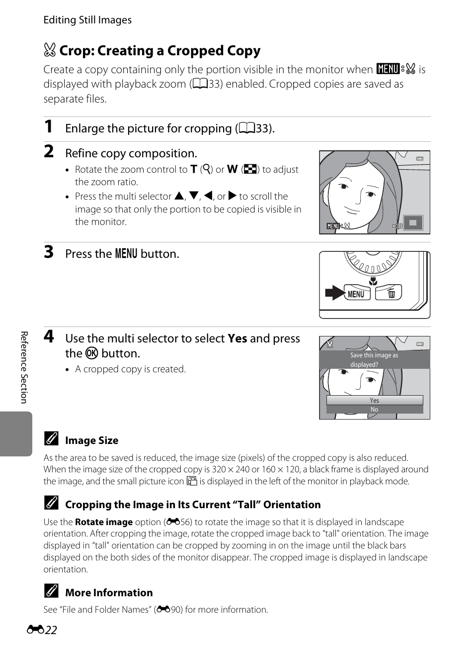 Crop: creating a cropped copy, A crop: creating a cropped copy, E22) | Nikon S6300 User Manual | Page 136 / 232