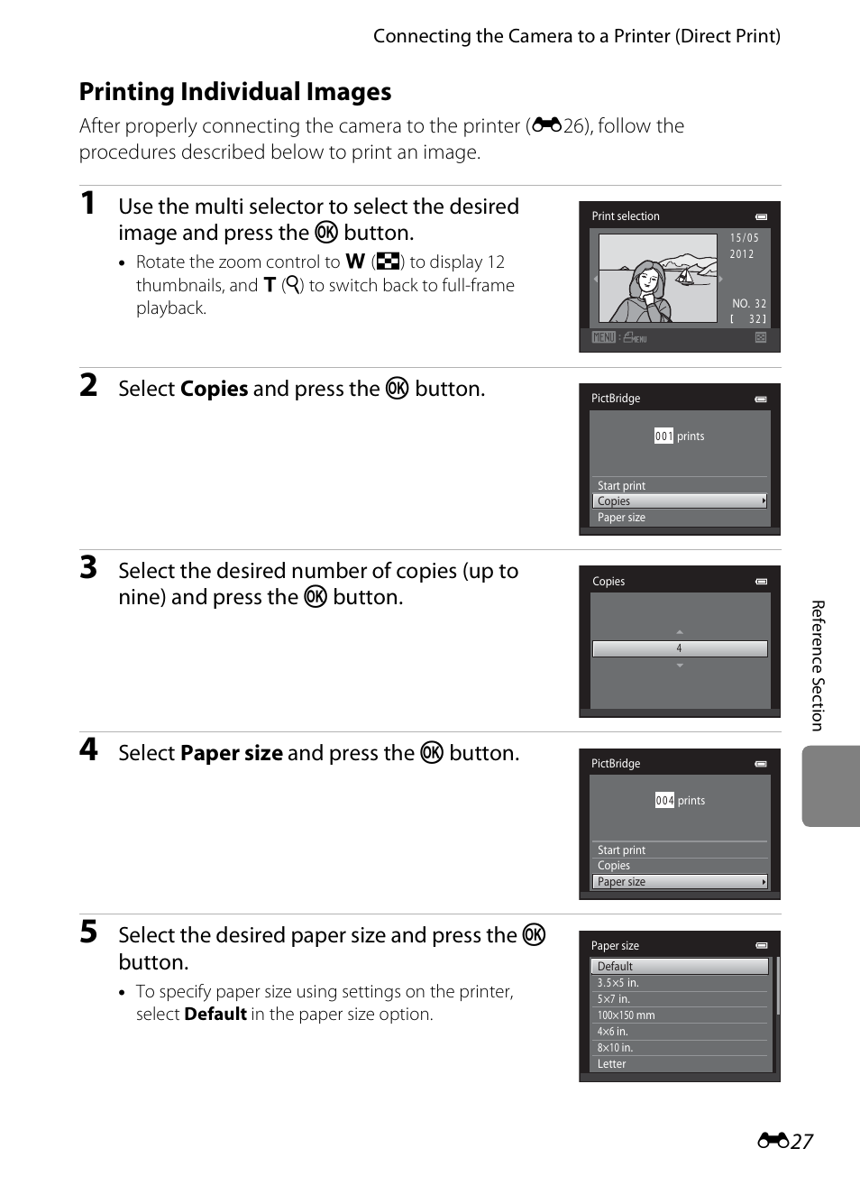 Printing individual images, E27), Select copies and press the k button | Select paper size and press the k button | Nikon S6300 User Manual | Page 141 / 232
