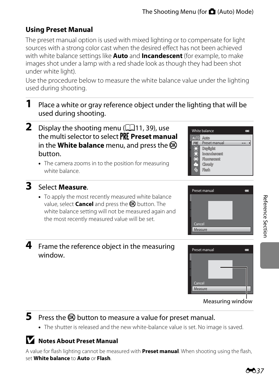 Using preset manual” fo, E37), Using preset manual | Select measure, Frame the reference object in the measuring window | Nikon S6300 User Manual | Page 151 / 232