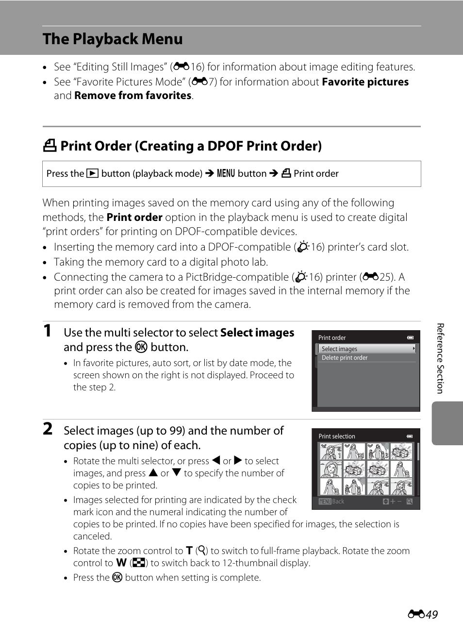 The playback menu, Print order (creating a dpof print order), A print order (creating a dpof print order) | E49) | Nikon S6300 User Manual | Page 163 / 232