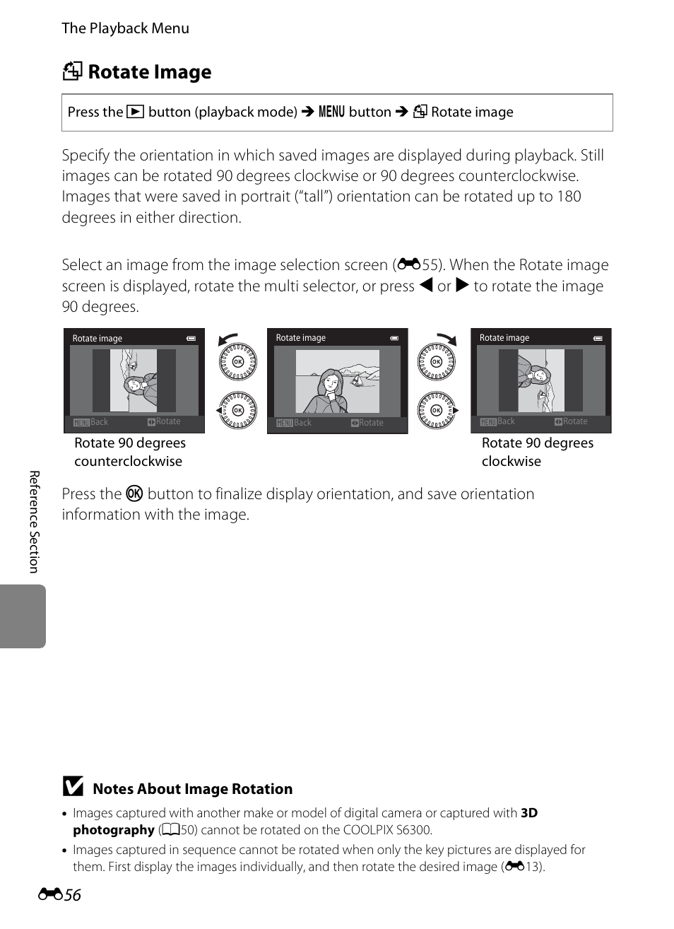 Rotate image, F rotate image, E56) | Nikon S6300 User Manual | Page 170 / 232