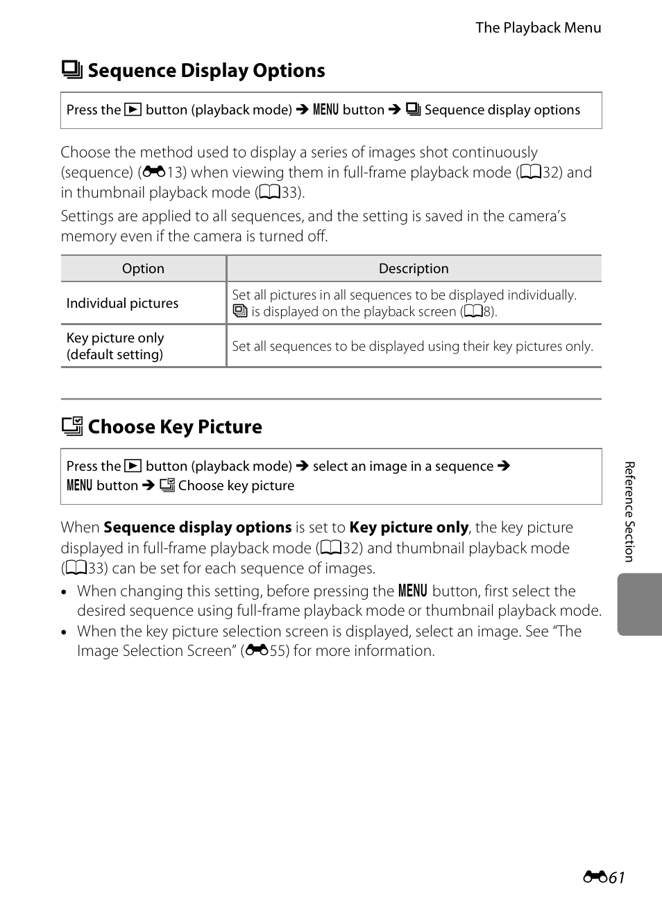Sequence display options, Choose key picture, C sequence display options | N choose key picture, E61), E61) in, Options, E61) i | Nikon S6300 User Manual | Page 175 / 232