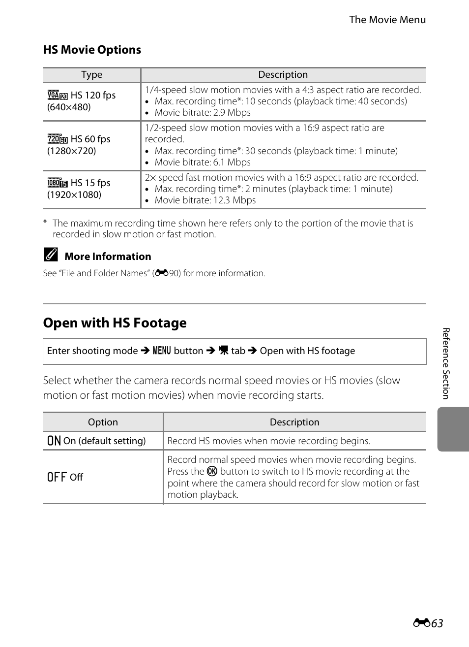 Open with hs footage, E63), Hs movie options | Nikon S6300 User Manual | Page 177 / 232