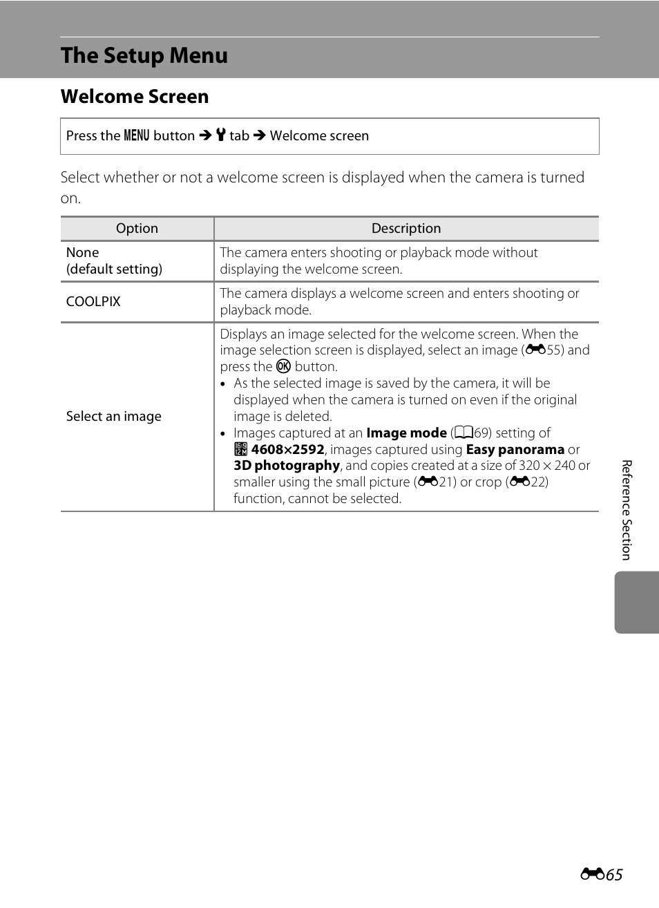 The setup menu, Welcome screen, The setup menu” i | E65) | Nikon S6300 User Manual | Page 179 / 232