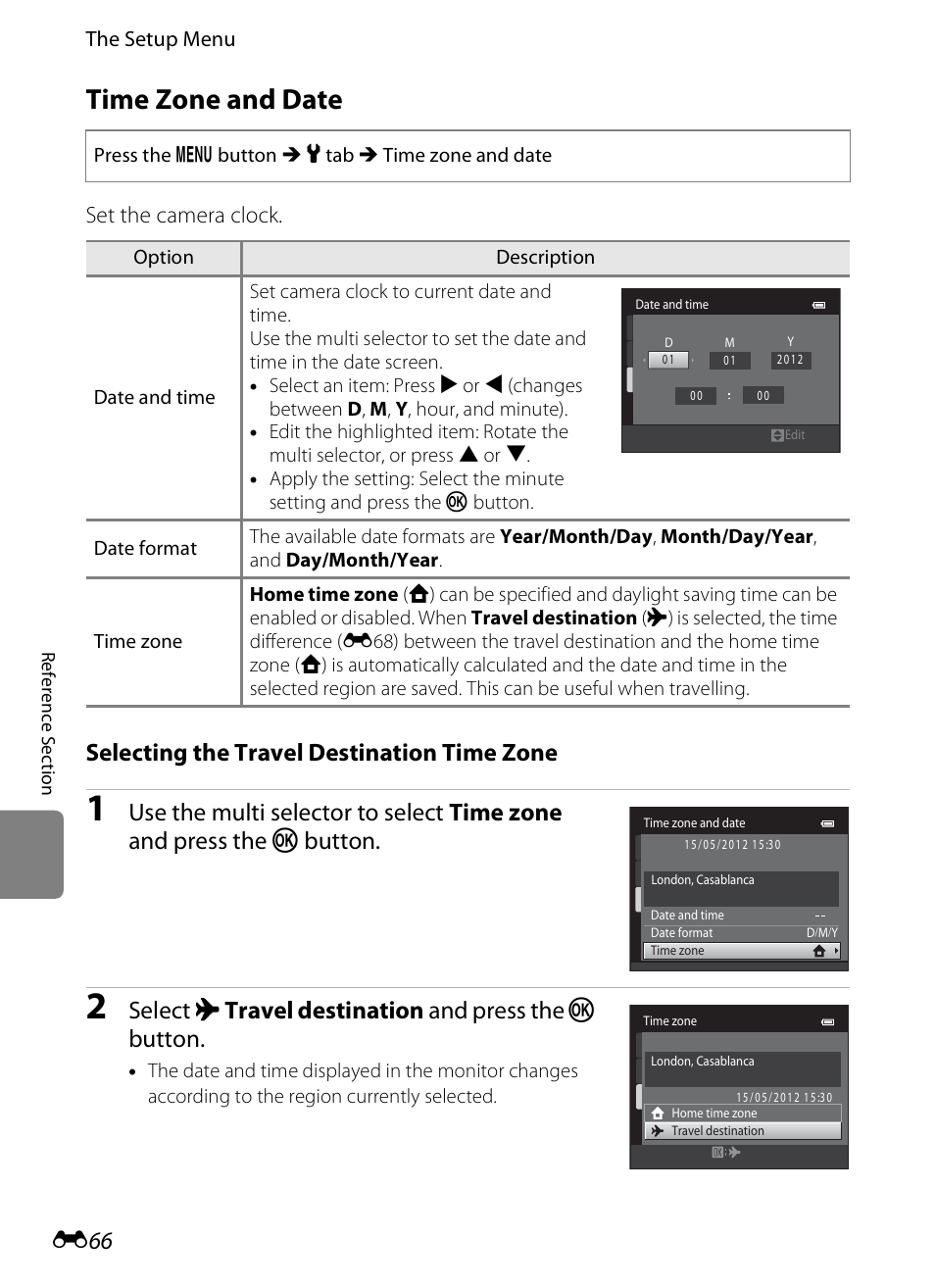 Time zone and date, Selecting the travel destination time zone, Select x travel destination and press the k button | Set the camera clock | Nikon S6300 User Manual | Page 180 / 232