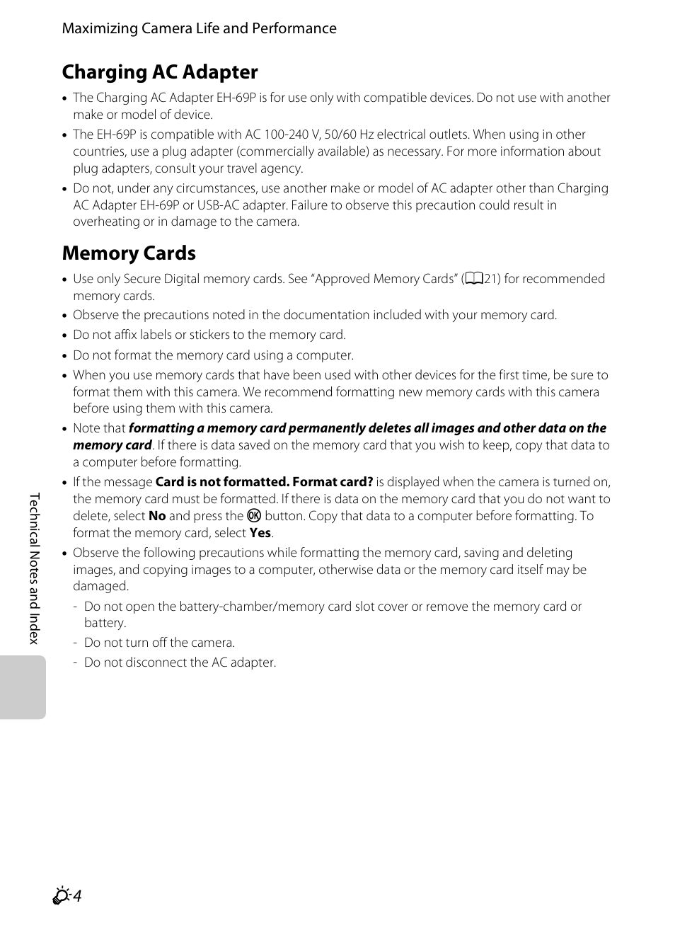 Charging ac adapter, Memory cards, See “memory cards | Nikon S6300 User Manual | Page 214 / 232