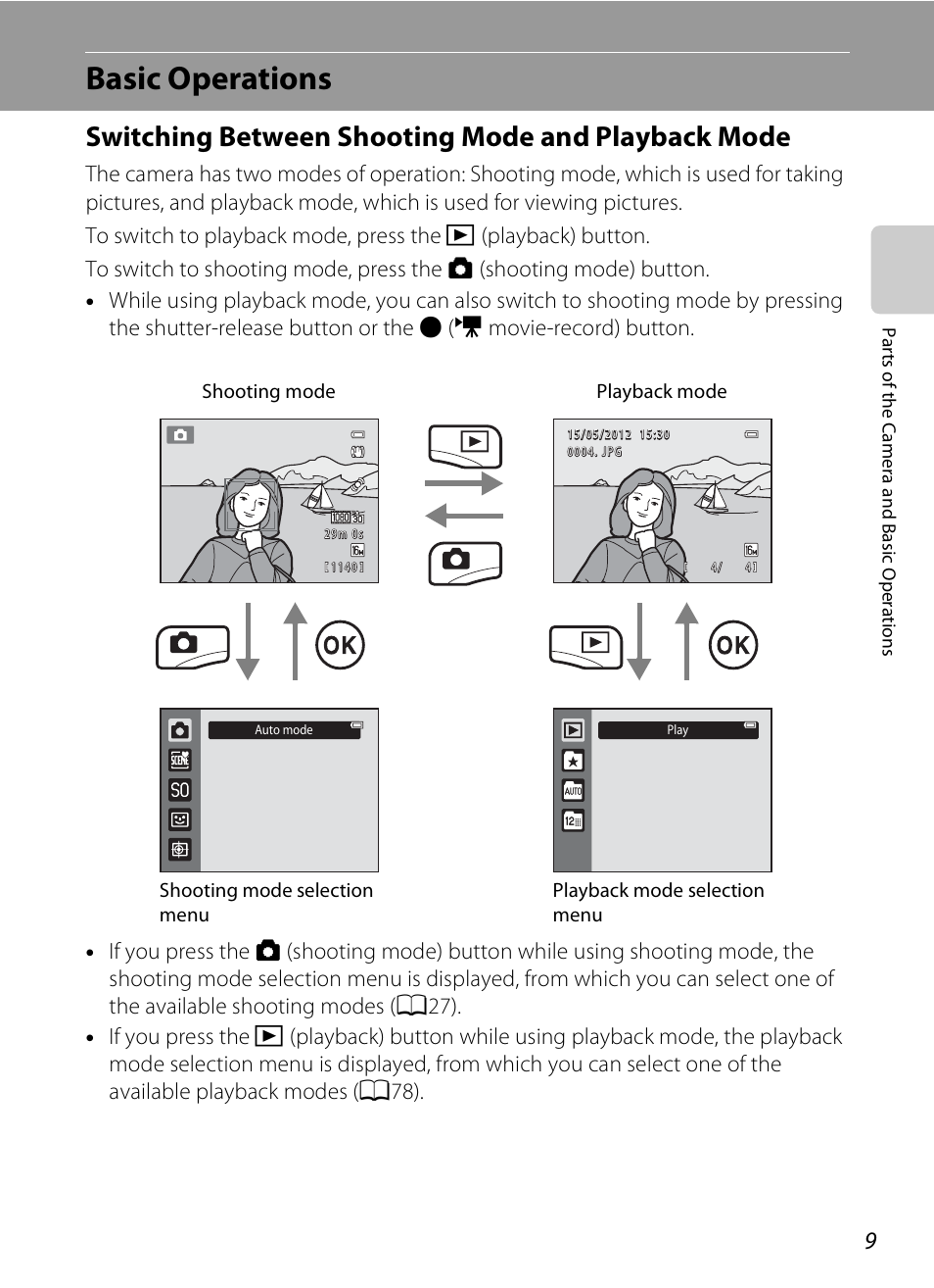 Basic operations, Switching between shooting mode and playback mode | Nikon S6300 User Manual | Page 27 / 232