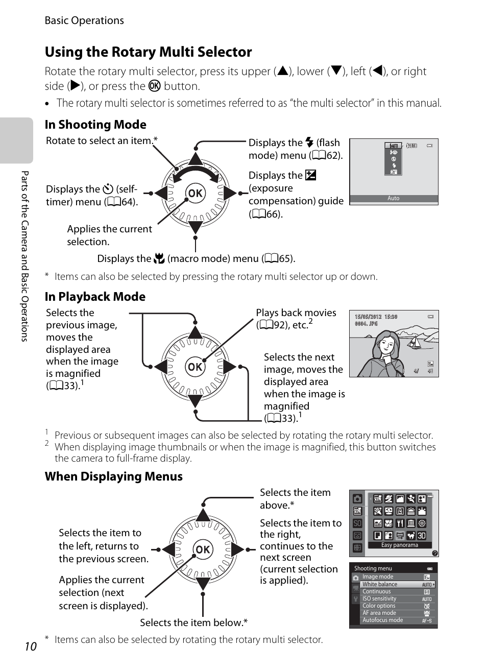 Using the rotary multi selector, E “using the rotary multi selector, See “using the rotary multi selector | When displaying menus | Nikon S6300 User Manual | Page 28 / 232
