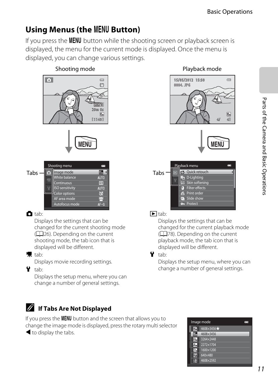 Using menus (the menu button), Using menus (the, D button) | Using menus (the d button), Basic operations, If tabs are not displayed | Nikon S6300 User Manual | Page 29 / 232