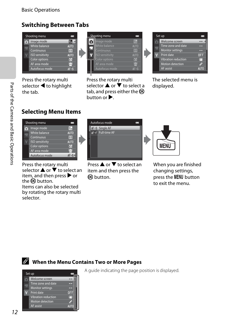 Switching between tabs selecting menu items, Basic operations, When the menu contains two or more pages | Nikon S6300 User Manual | Page 30 / 232