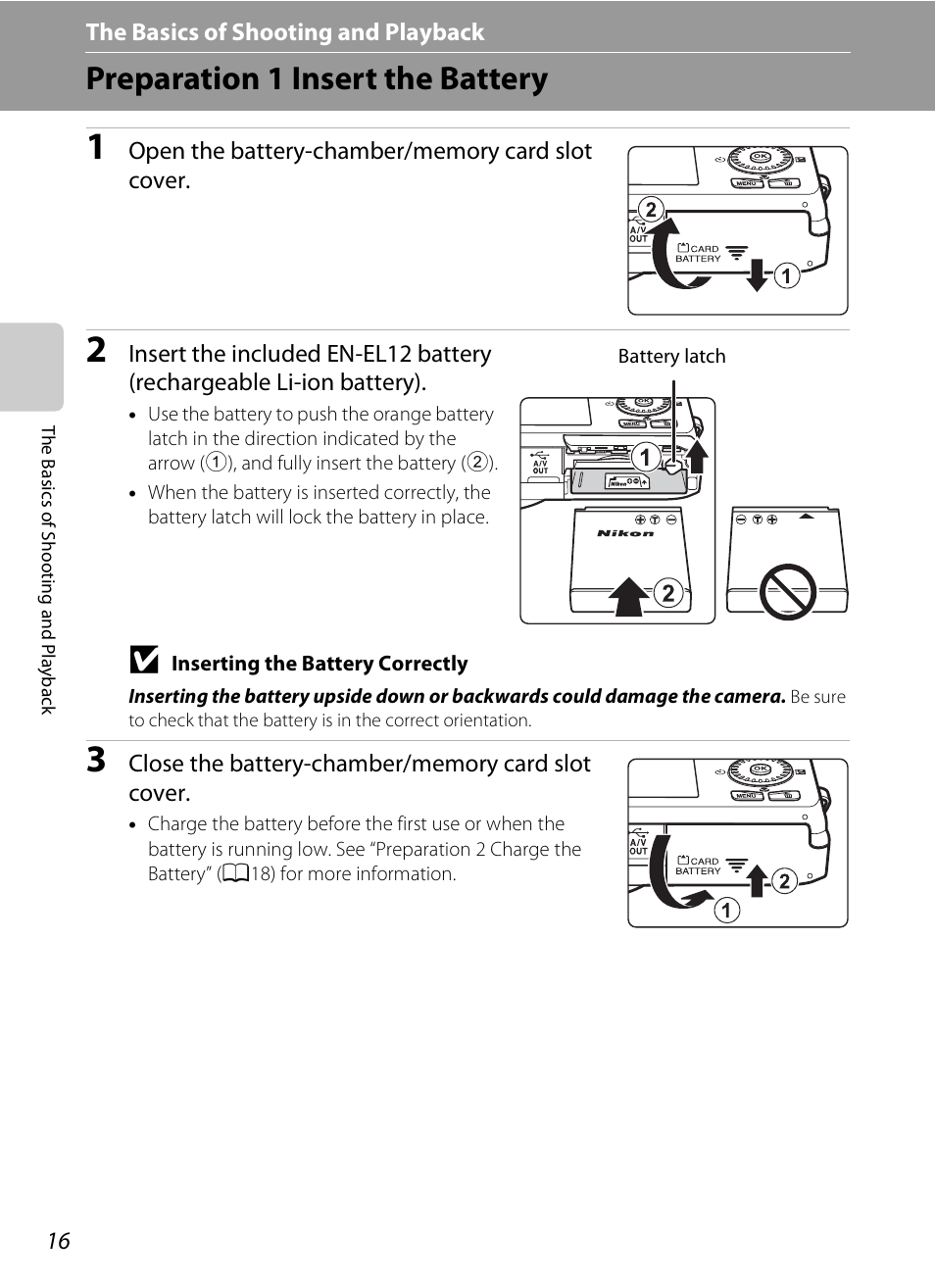 Preparation 1 insert the battery | Nikon S6300 User Manual | Page 34 / 232