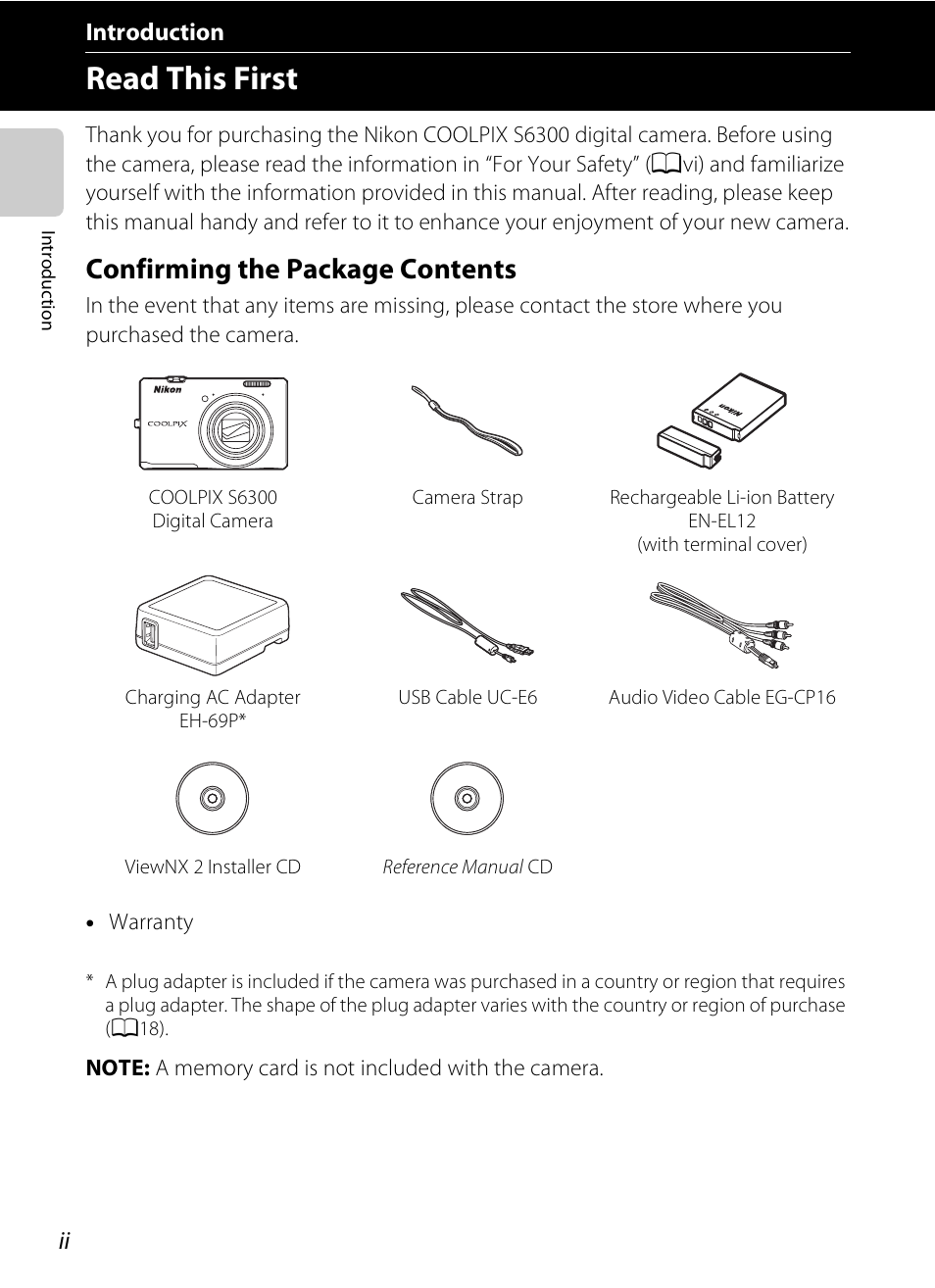 Introduction, Read this first, Confirming the package contents | Nikon S6300 User Manual | Page 4 / 232