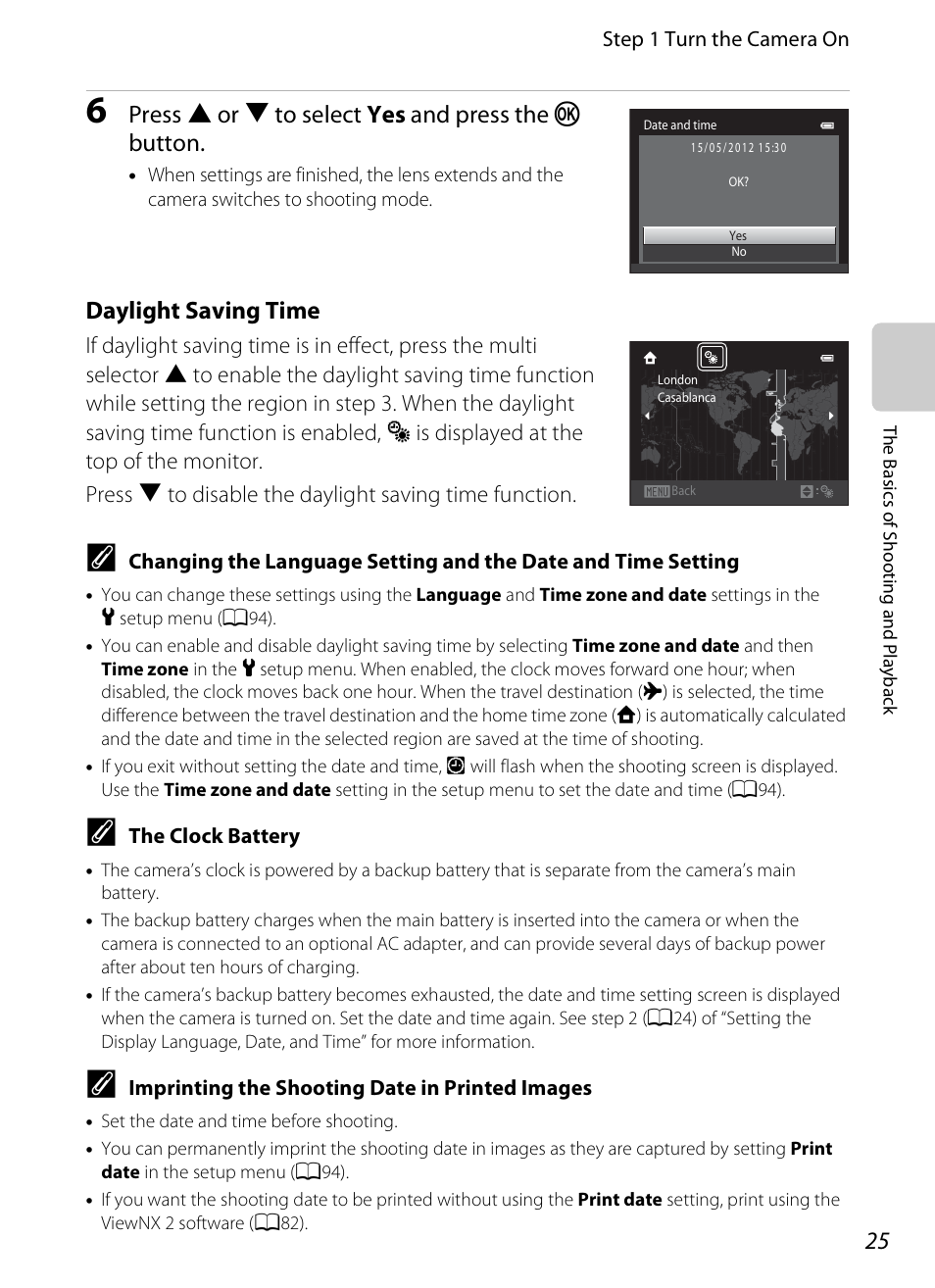 Press h or i to select yes and press the k button, Daylight saving time | Nikon S6300 User Manual | Page 43 / 232