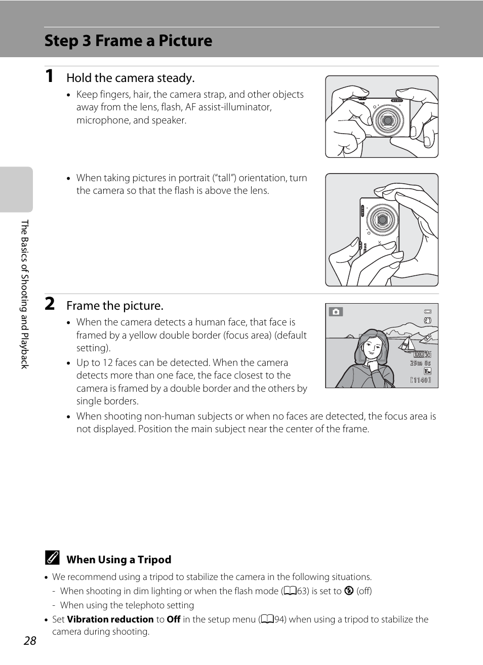 Step 3 frame a picture, Hold the camera steady, Frame the picture | Nikon S6300 User Manual | Page 46 / 232