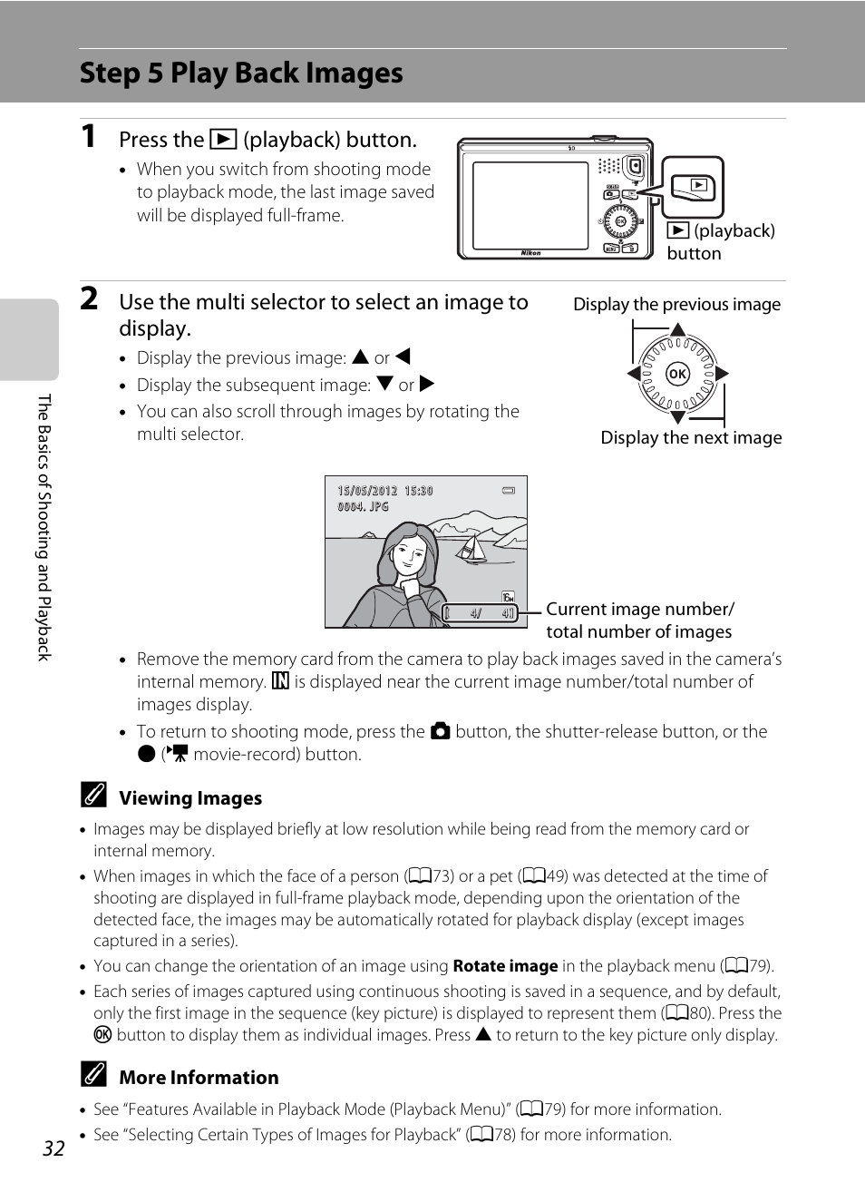 Step 5 play back images, Press the c (playback) button | Nikon S6300 User Manual | Page 50 / 232