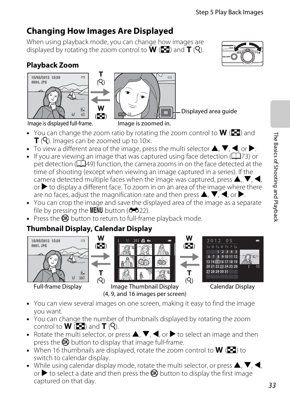 Changing how images are displayed, A33), Playback zoom | Thumbnail display, calendar display, Step 5 play back images | Nikon S6300 User Manual | Page 51 / 232