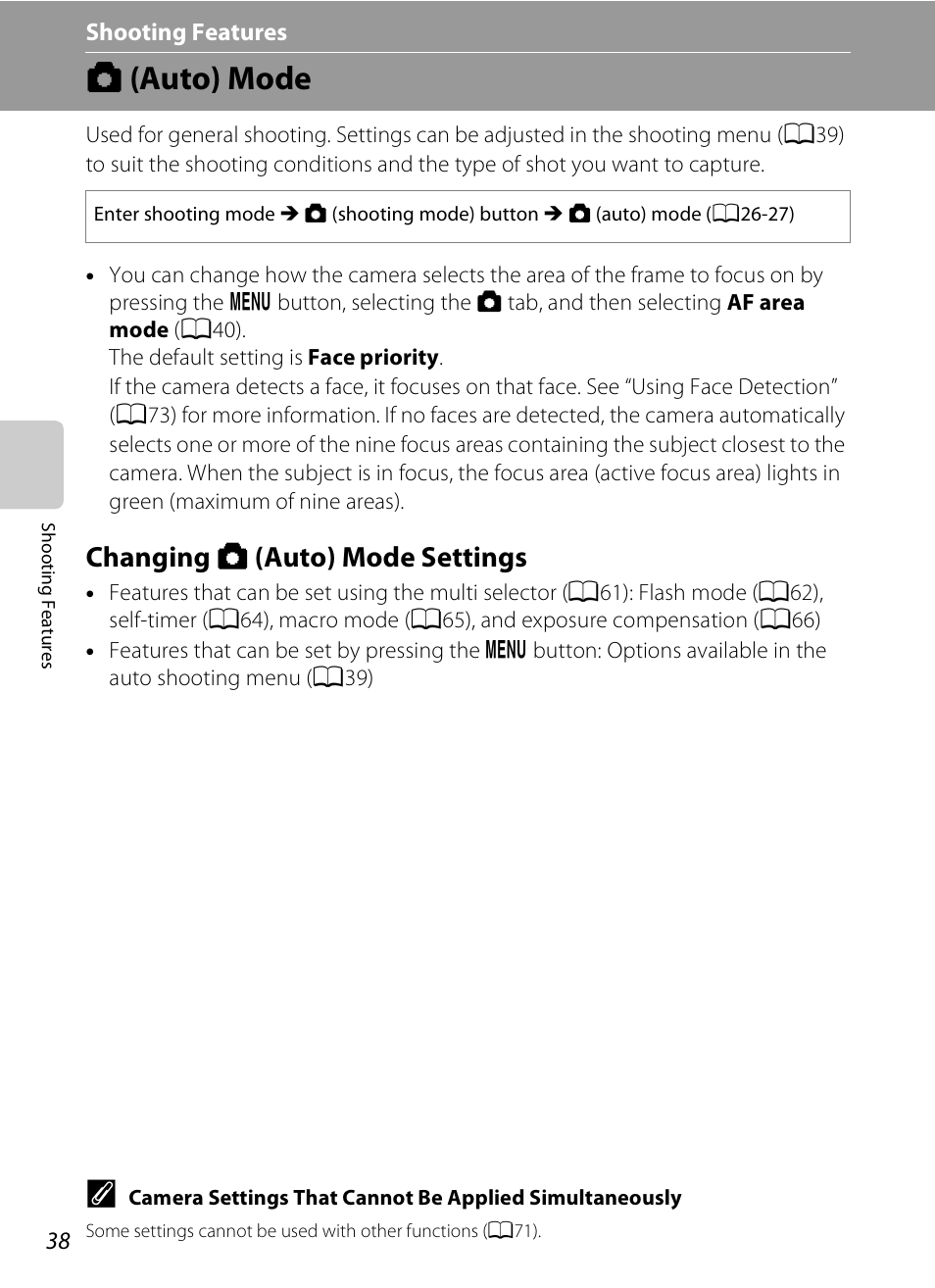 Auto mode, Changing auto mode settings, A (auto) mode | Changing a (auto) mode settings | Nikon S6300 User Manual | Page 56 / 232