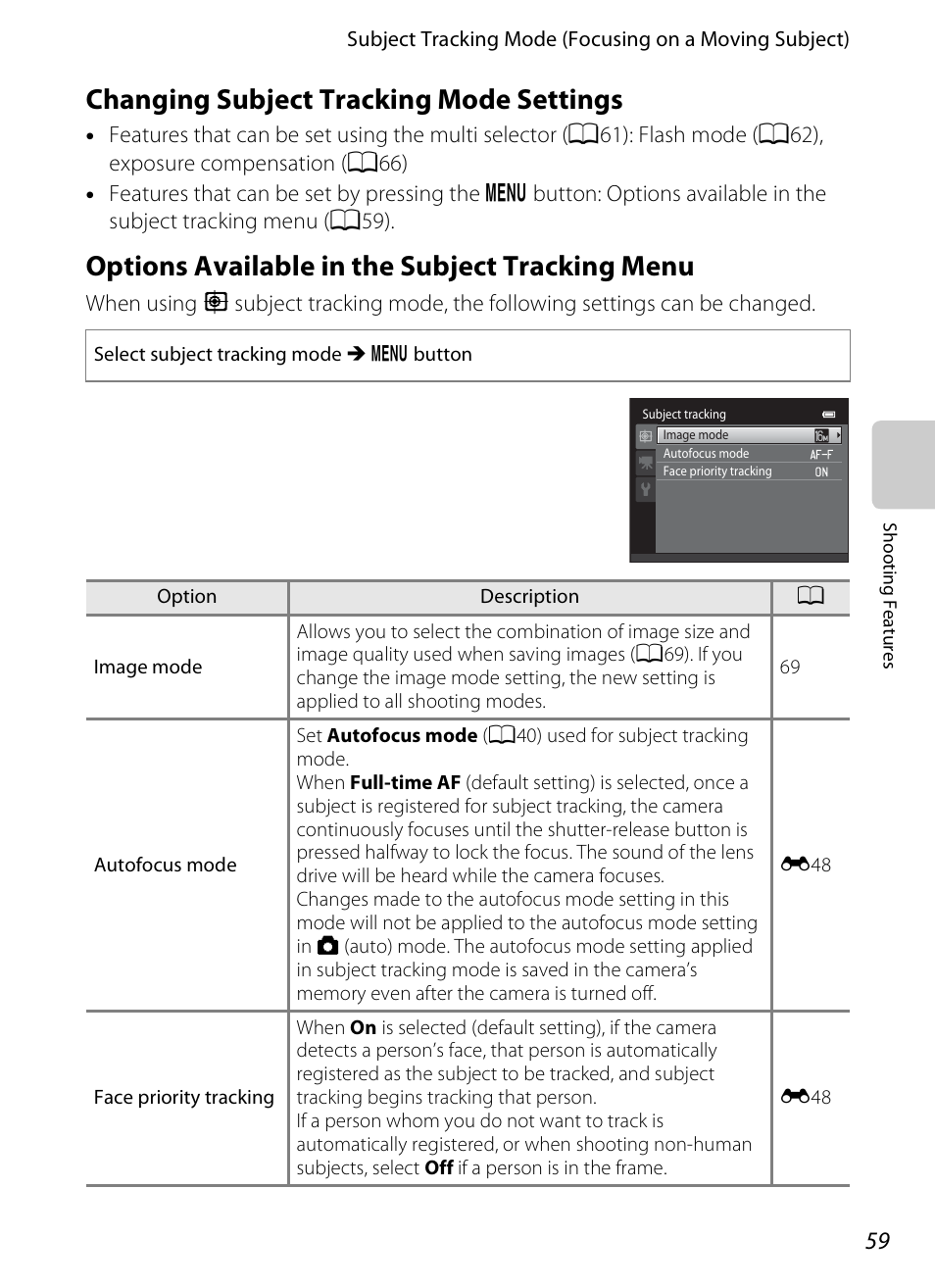Changing subject tracking mode settings, Options available in the subject tracking menu | Nikon S6300 User Manual | Page 77 / 232