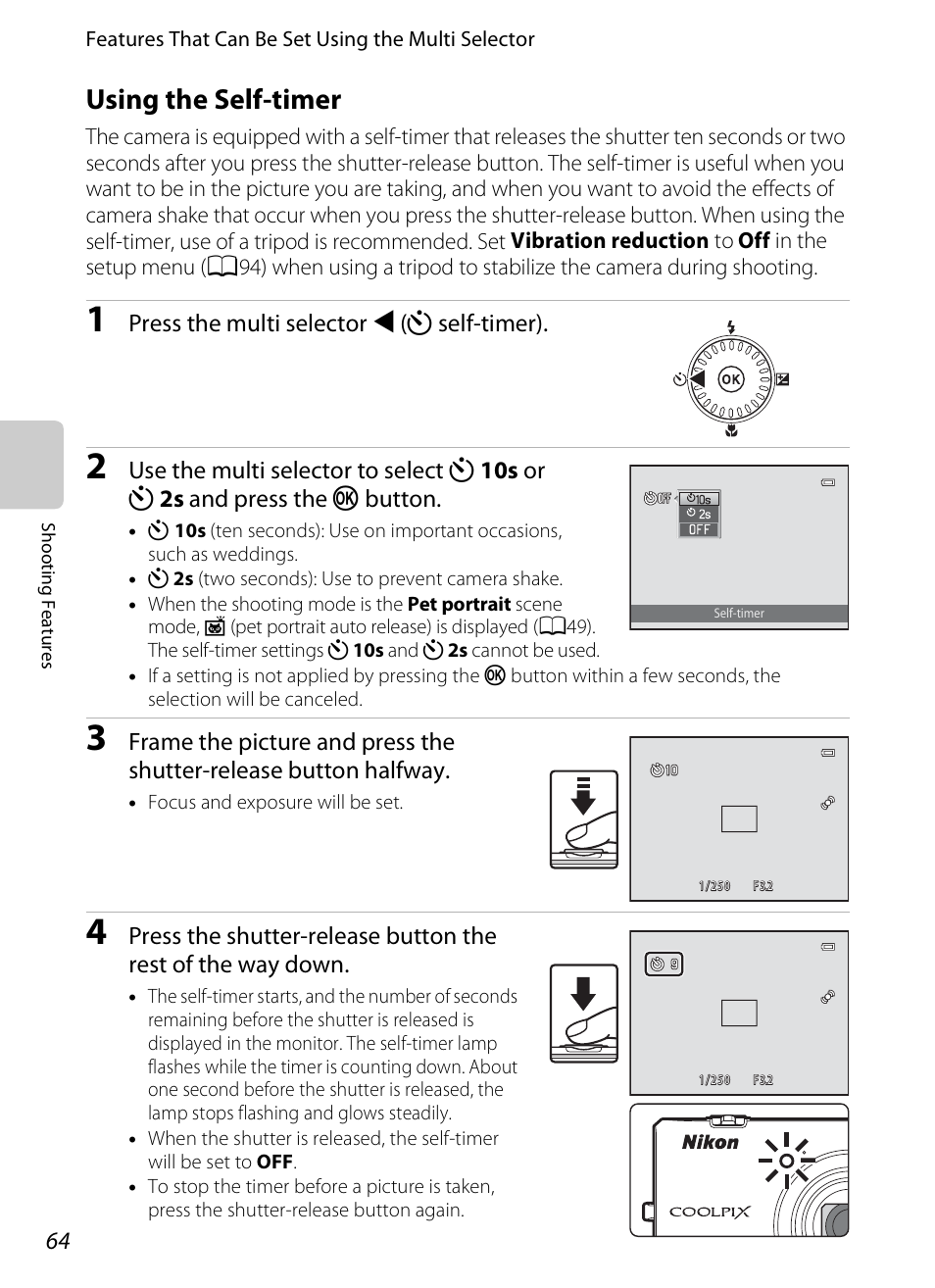 Using the self-timer, A64), Lf-timer | Timer, Press the multi selector j (n self-timer) | Nikon S6300 User Manual | Page 82 / 232