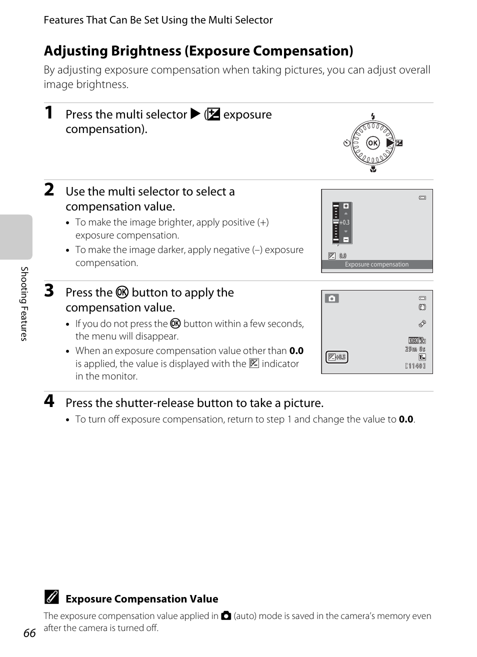 Adjusting brightness (exposure compensation), A66) | Nikon S6300 User Manual | Page 84 / 232