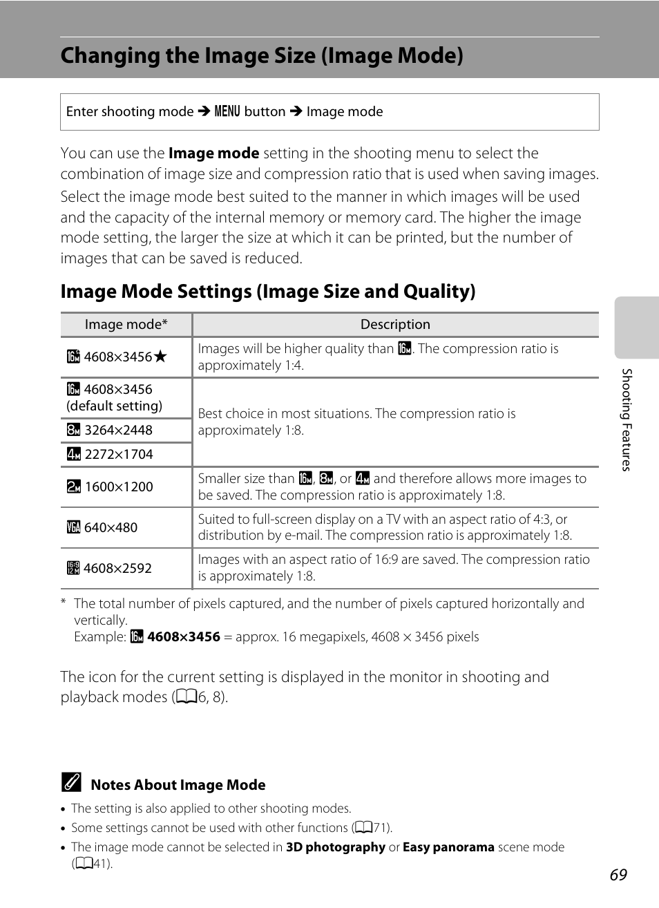 Changing the image size (image mode), Image mode settings (image size and quality), A69) | Nikon S6300 User Manual | Page 87 / 232