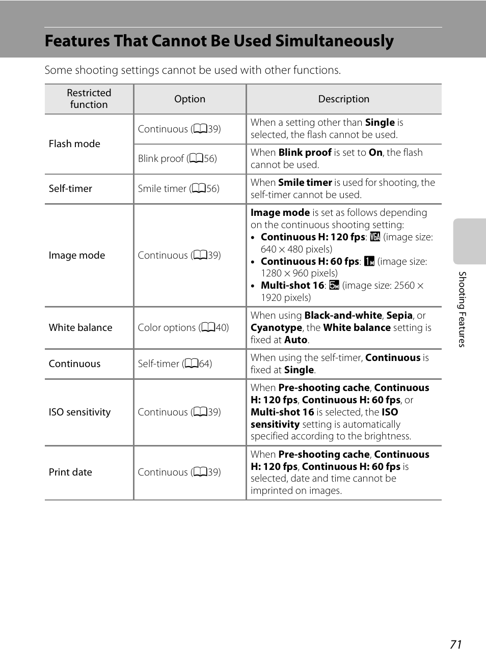 Features that cannot be used simultaneously, Nctions, A71) | R functions | Nikon S6300 User Manual | Page 89 / 232