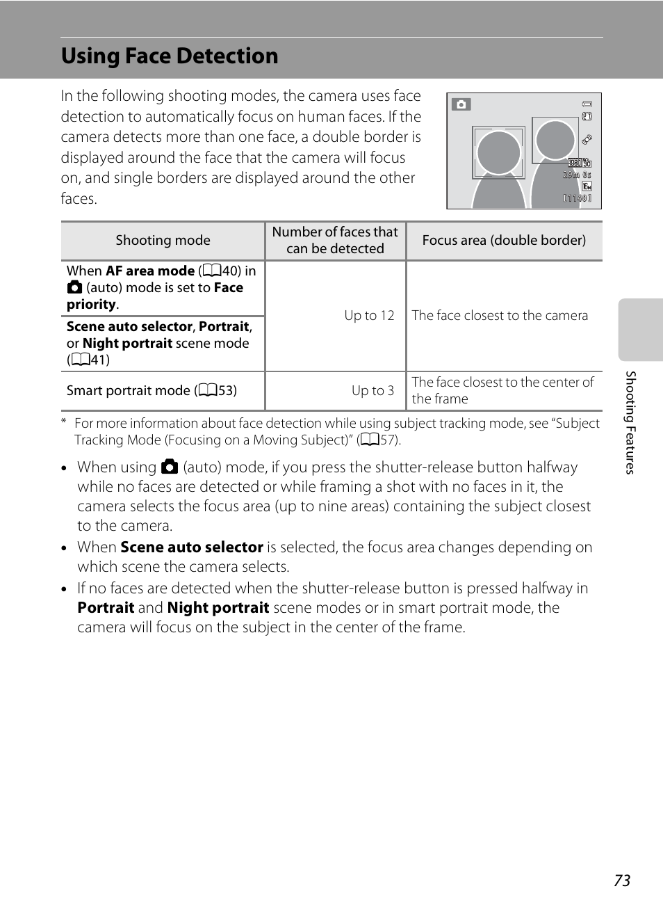 Using face detection, See “using face detection, A73) for m | A73) o, E “using face detection, A73) | Nikon S6300 User Manual | Page 91 / 232