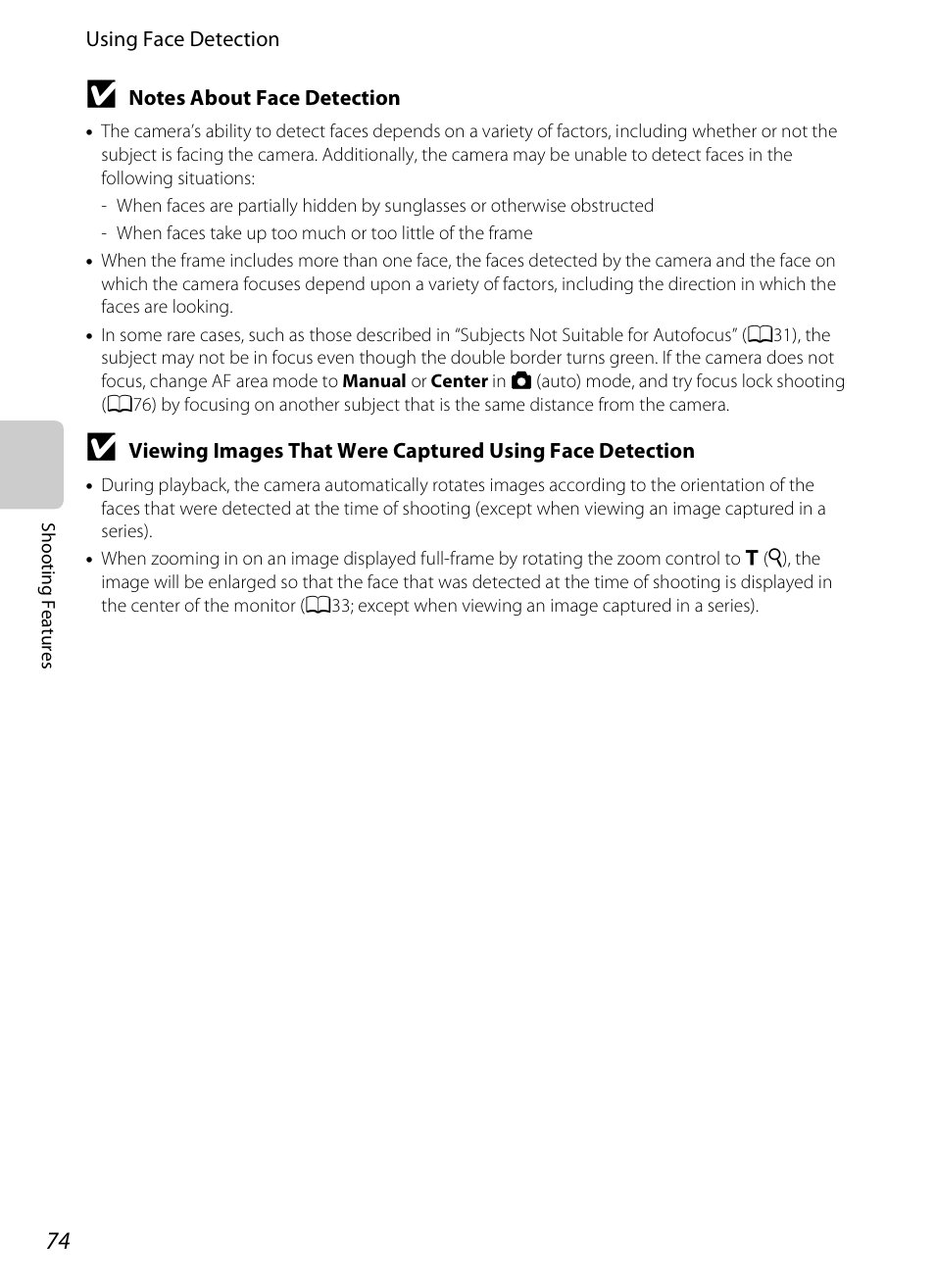 See “notes about face detection, A74) for m | Nikon S6300 User Manual | Page 92 / 232