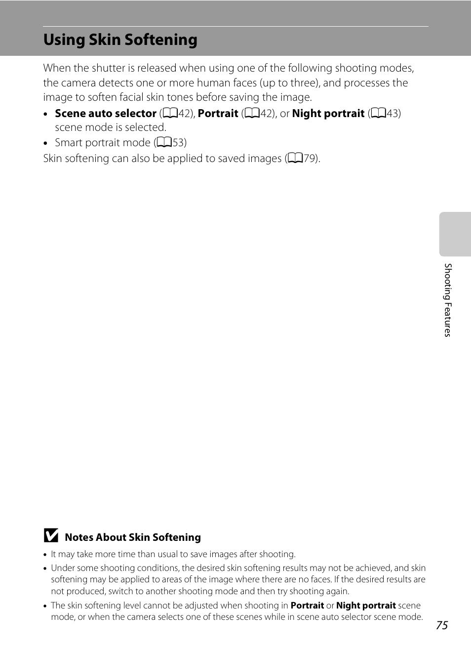 Using skin softening, A75) | Nikon S6300 User Manual | Page 93 / 232