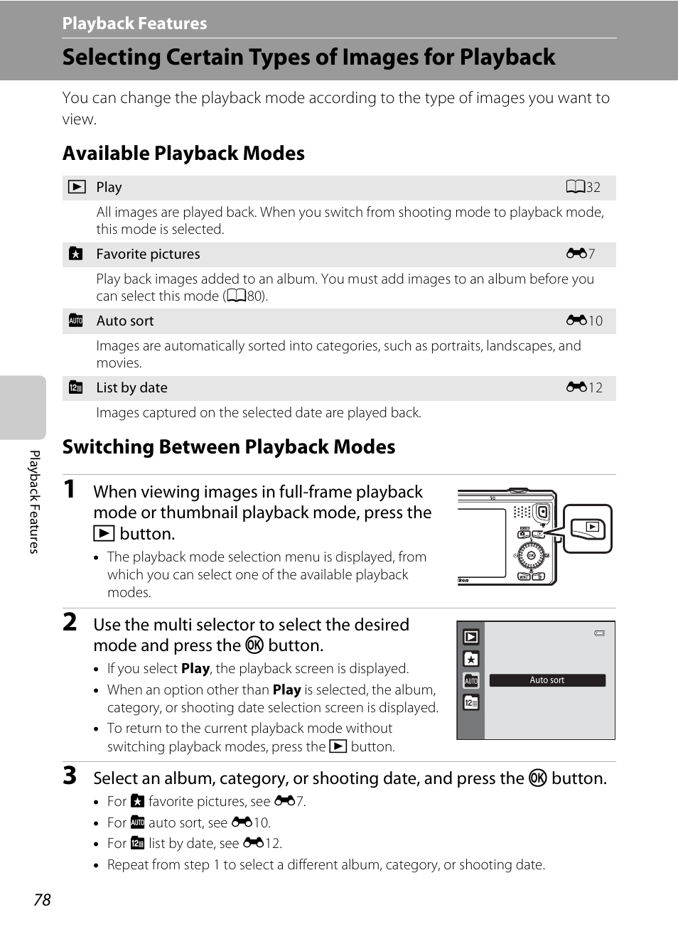 Selecting certain types of images for playback, Available playback modes, Switching between playback modes | A78), A78) fo | Nikon S6300 User Manual | Page 96 / 232