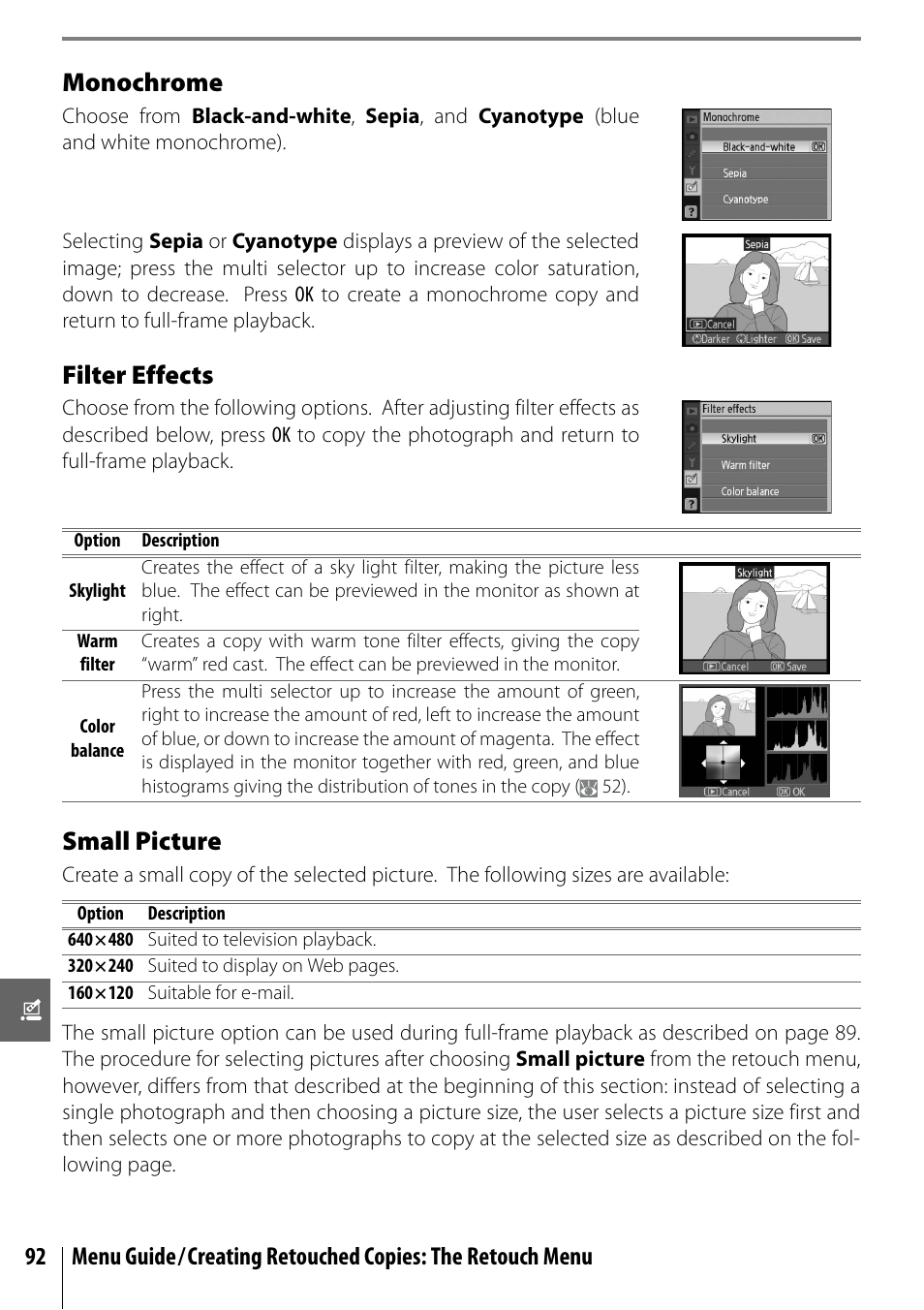 Monochrome, Filter effects, Small picture | Nikon D40X User Manual | Page 104 / 139