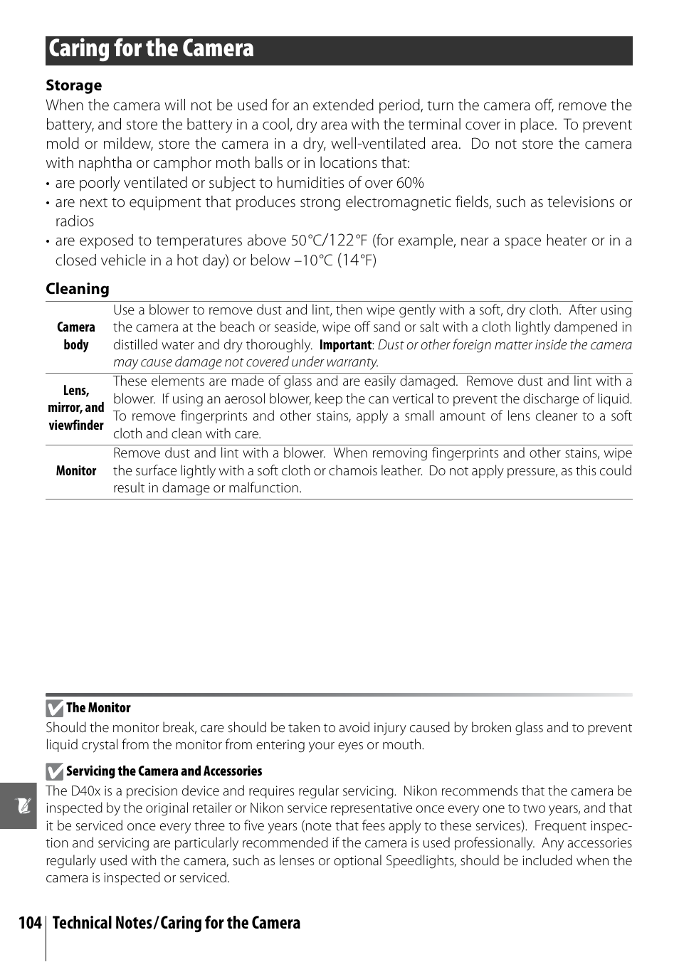 Caring for the camera | Nikon D40X User Manual | Page 116 / 139