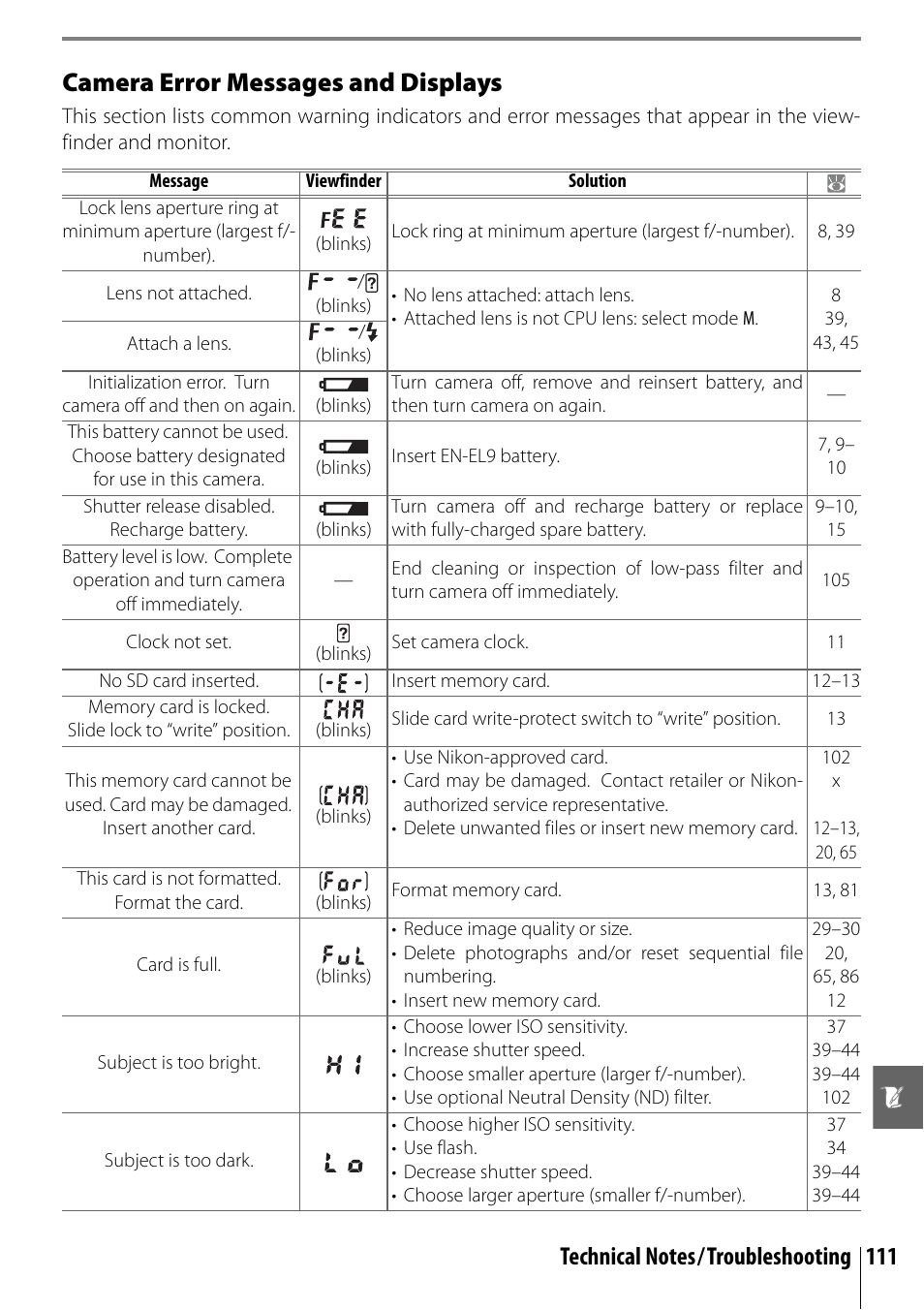 Camera error messages and displays | Nikon D40X User Manual | Page 123 / 139