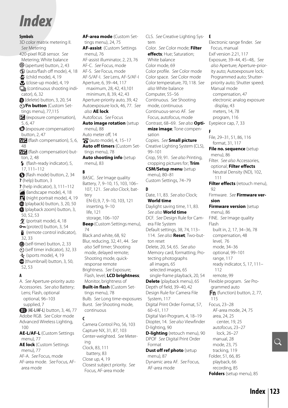 Index, Index 123 | Nikon D40X User Manual | Page 135 / 139