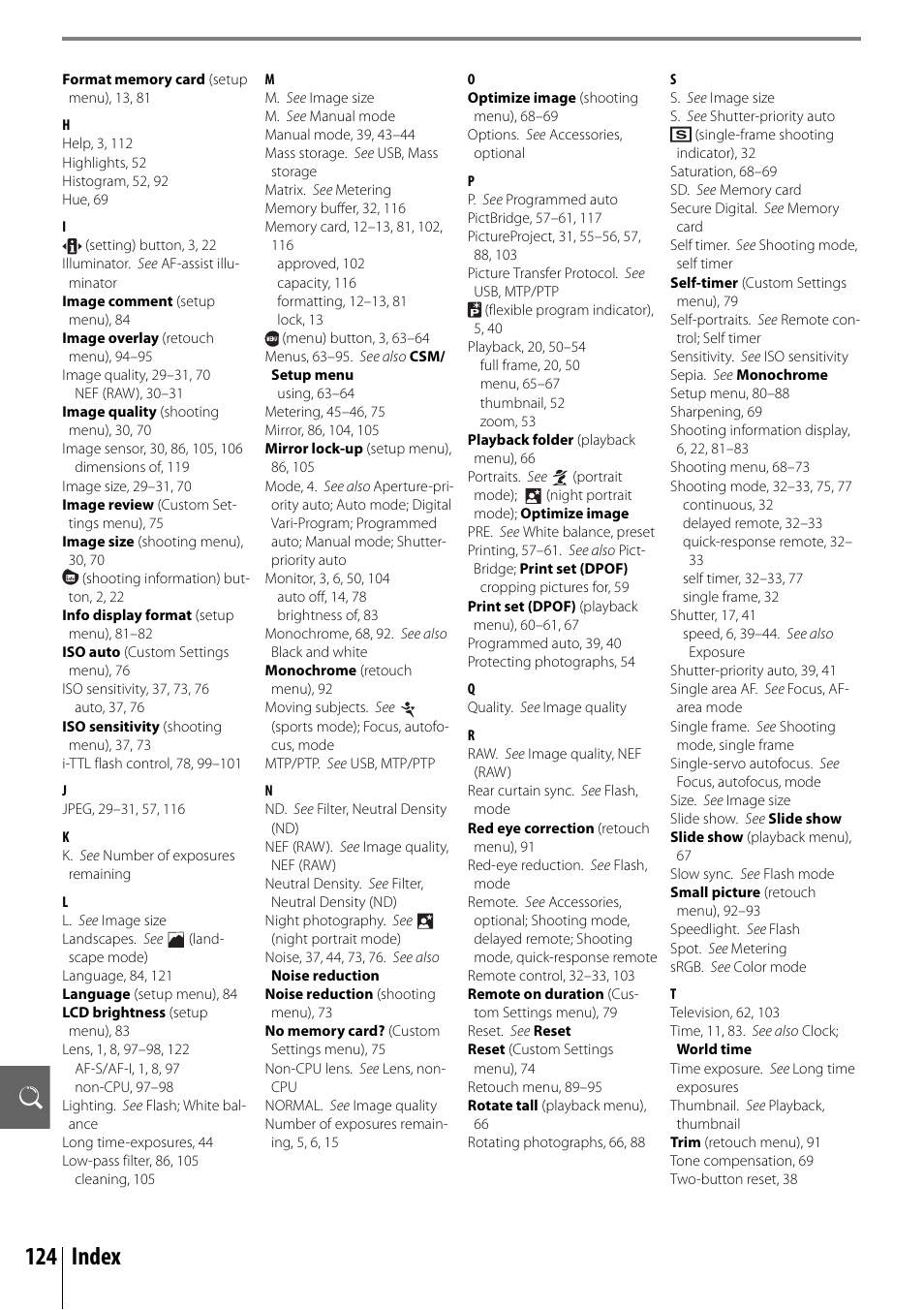 124 index | Nikon D40X User Manual | Page 136 / 139