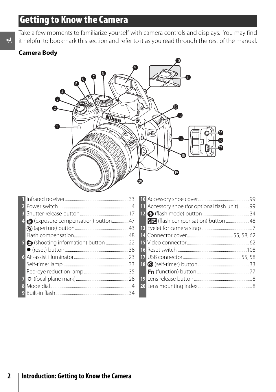 Getting to know the camera, 2introduction: getting to know the camera | Nikon D40X User Manual | Page 14 / 139