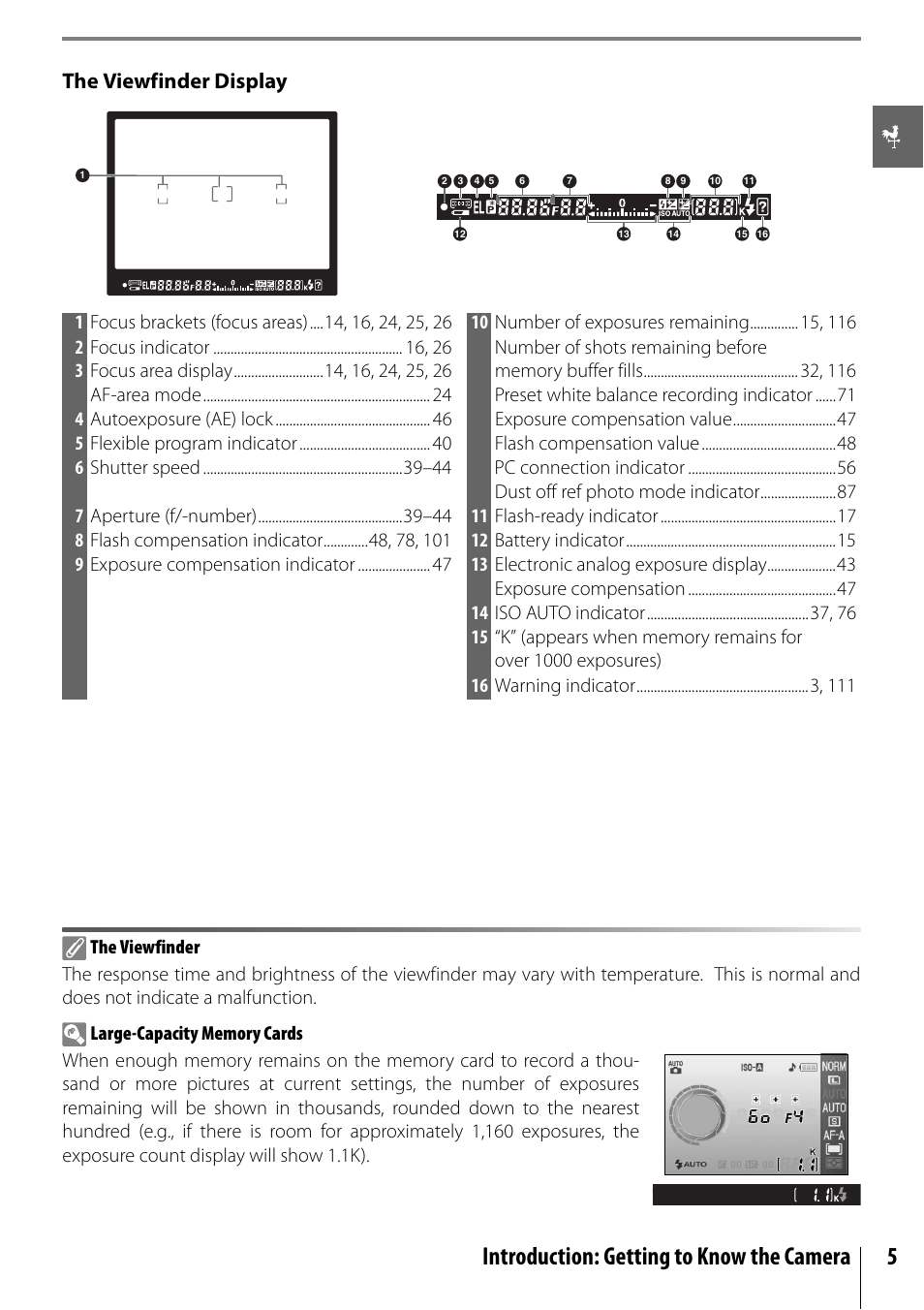 Introduction: getting to know the camera 5, The viewfinder display | Nikon D40X User Manual | Page 17 / 139