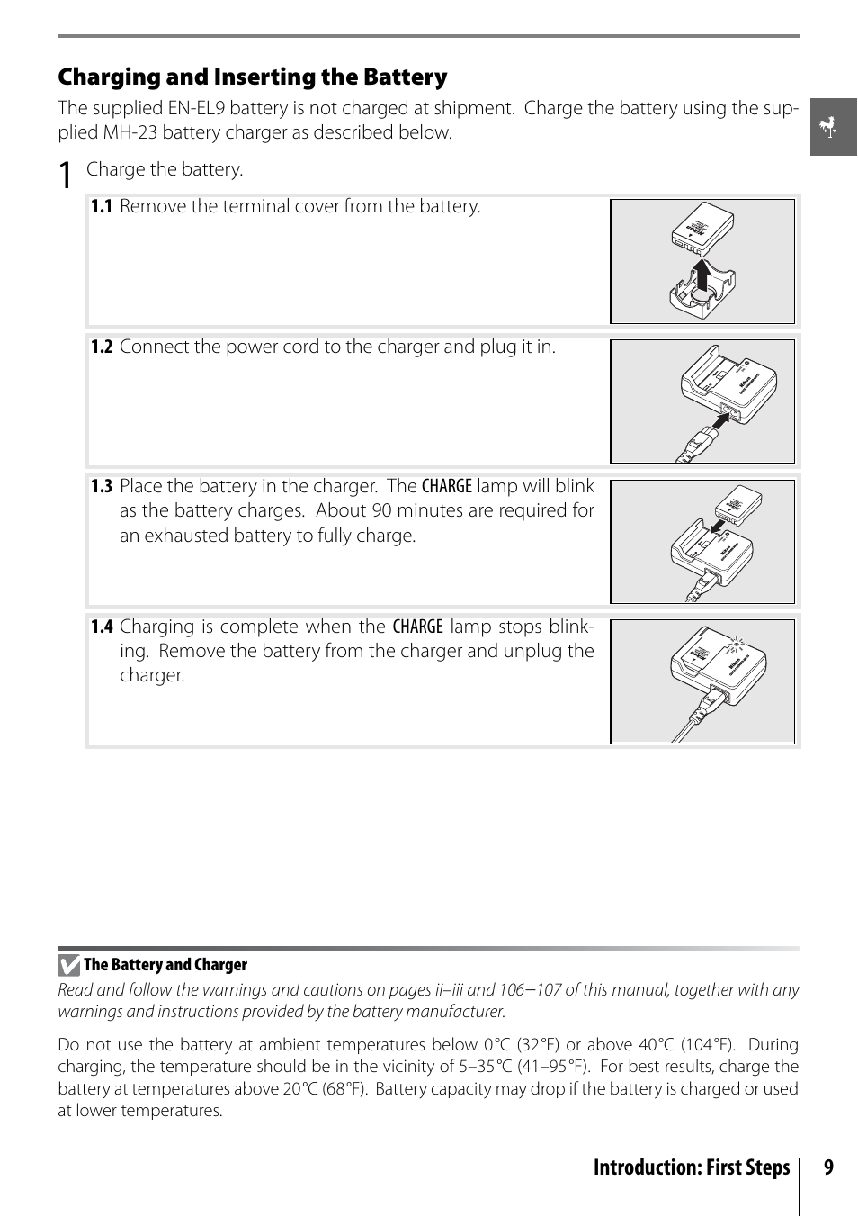 Charging and inserting the battery | Nikon D40X User Manual | Page 21 / 139