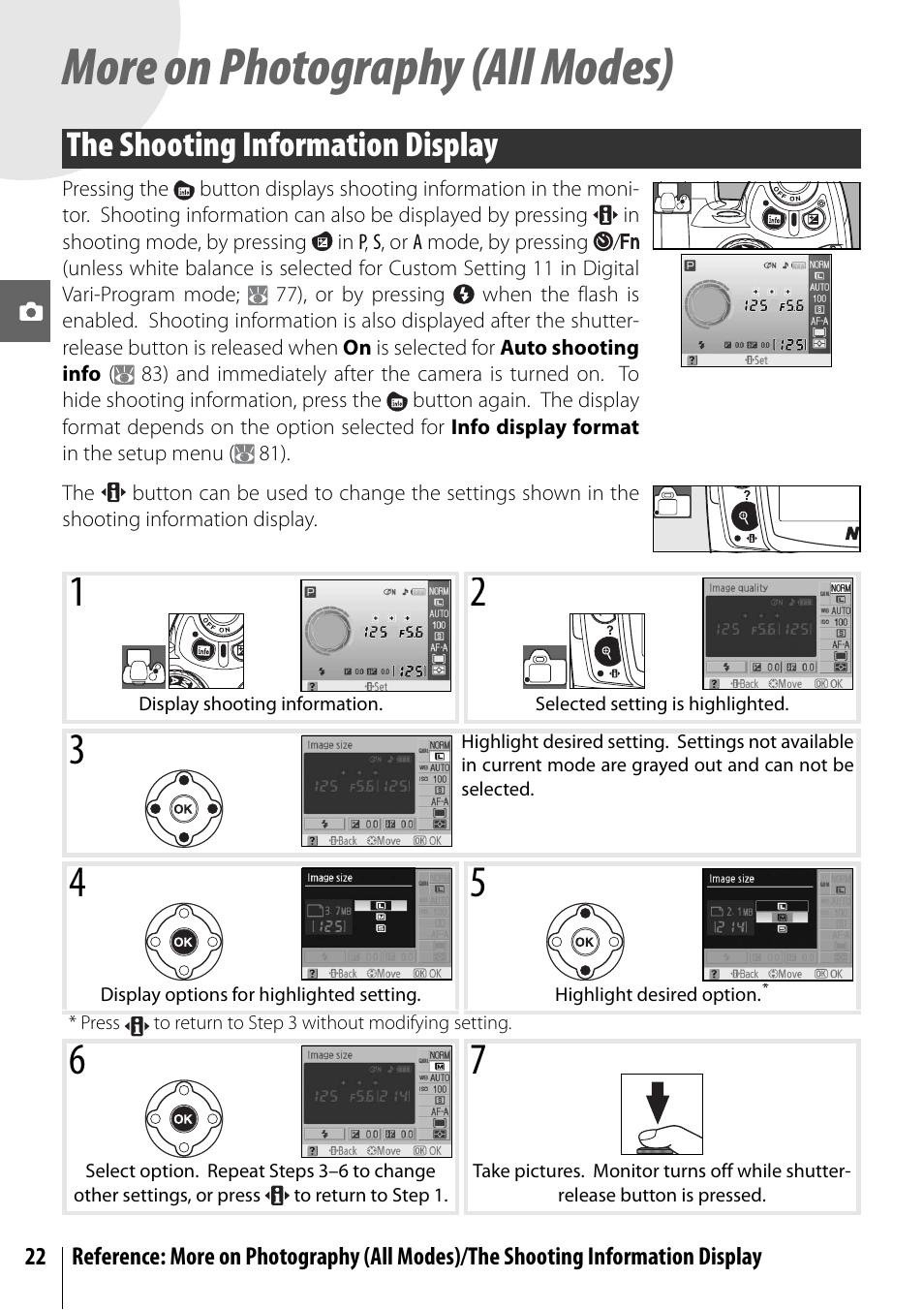 More on photography (all modes), The shooting information display | Nikon D40X User Manual | Page 34 / 139