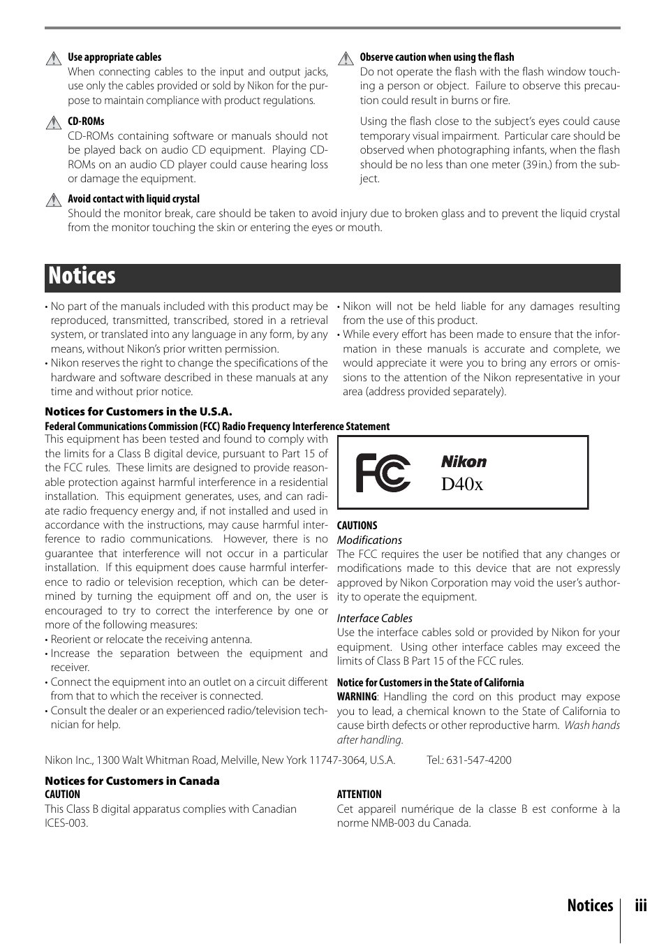 Notices, D40x, Notices iii | Nikon D40X User Manual | Page 5 / 139