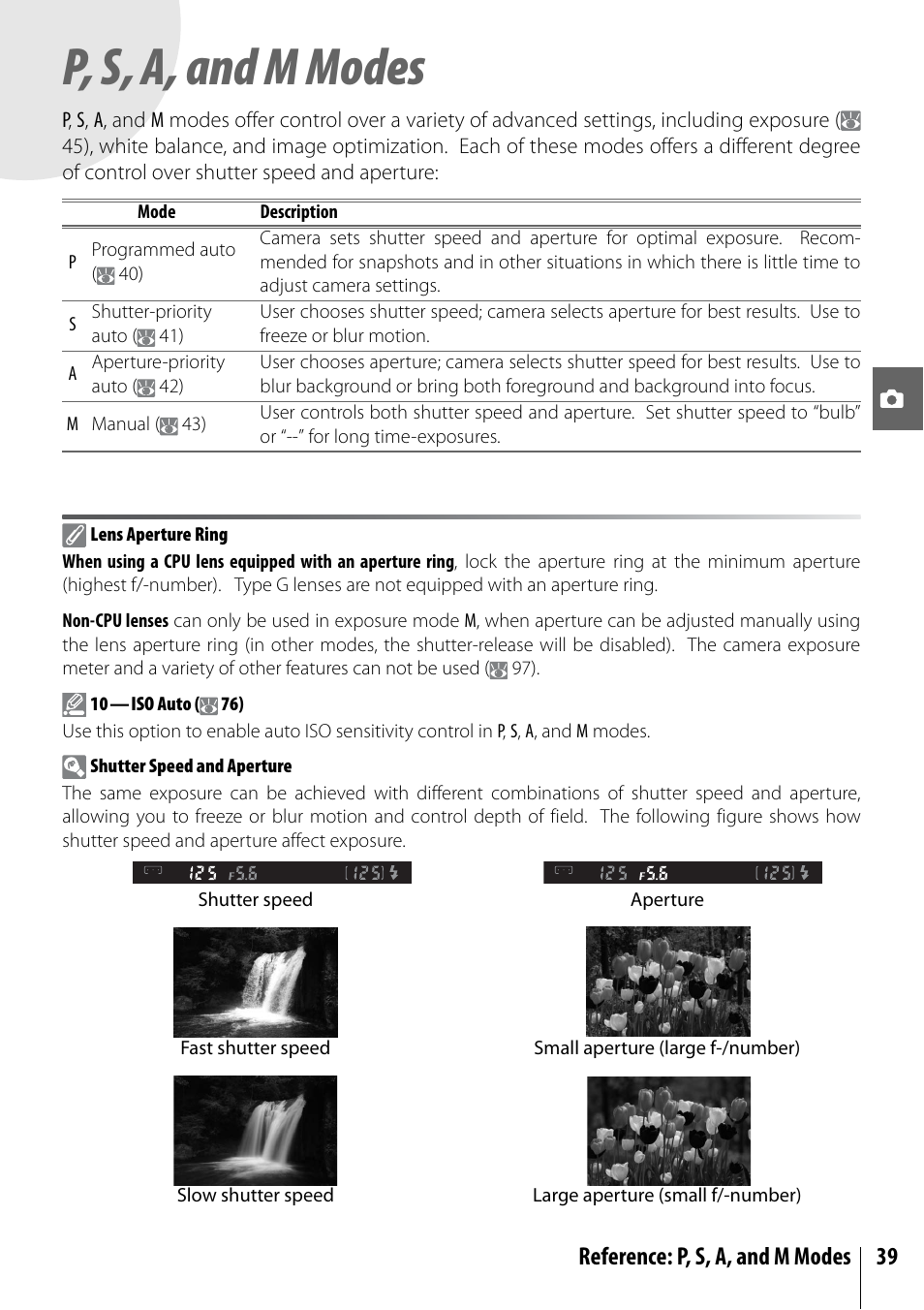 P, s, a, and m modes, Reference: p, s, a, and m modes 39 | Nikon D40X User Manual | Page 51 / 139