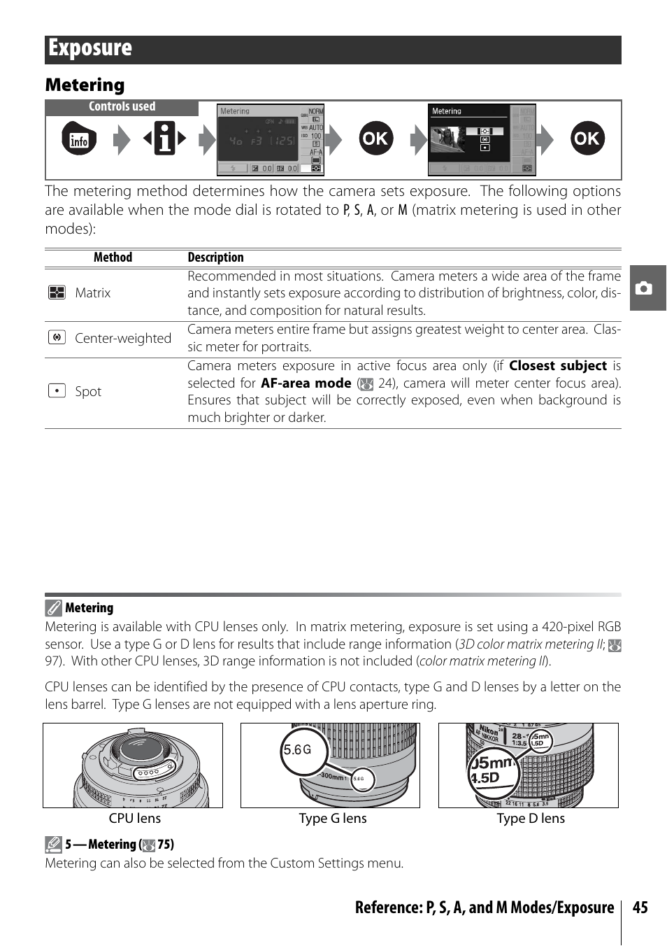 Exposure, Metering, Reference: p, s, a, and m modes/exposure 45 | Nikon D40X User Manual | Page 57 / 139