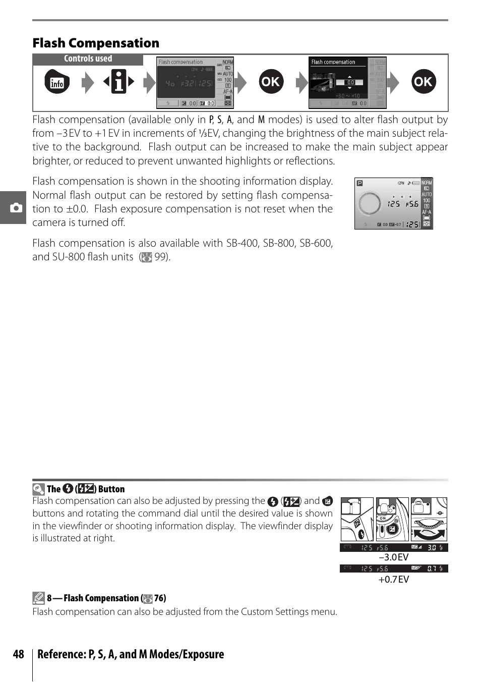 Flash compensation, 48 reference: p, s, a, and m modes/exposure | Nikon D40X User Manual | Page 60 / 139