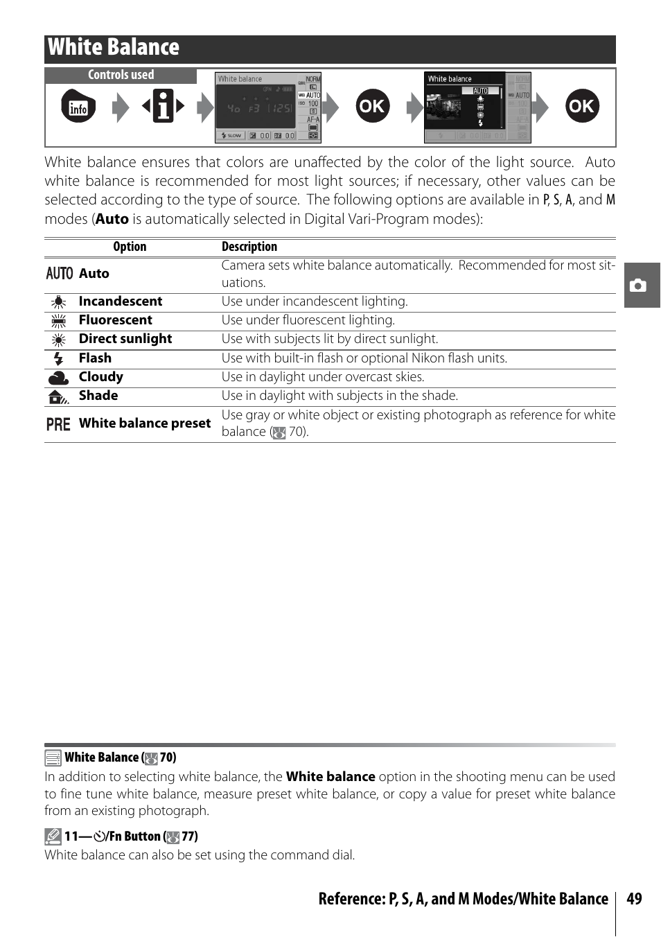 White balance, Reference: p, s, a, and m modes/white balance 49 | Nikon D40X User Manual | Page 61 / 139