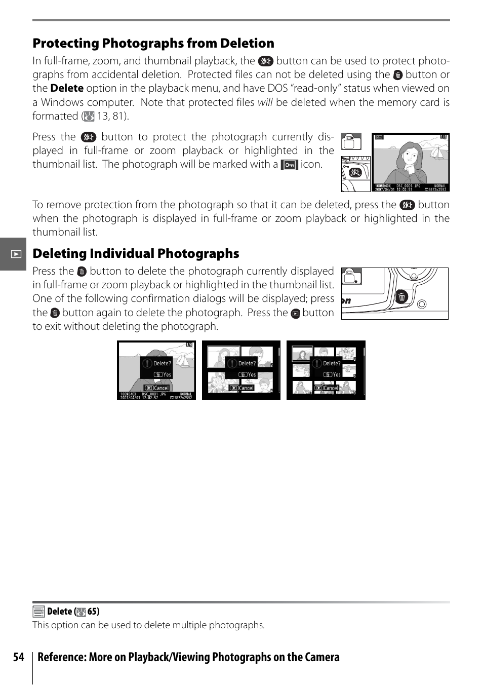 Protecting photographs from deletion, Deleting individual photographs | Nikon D40X User Manual | Page 66 / 139