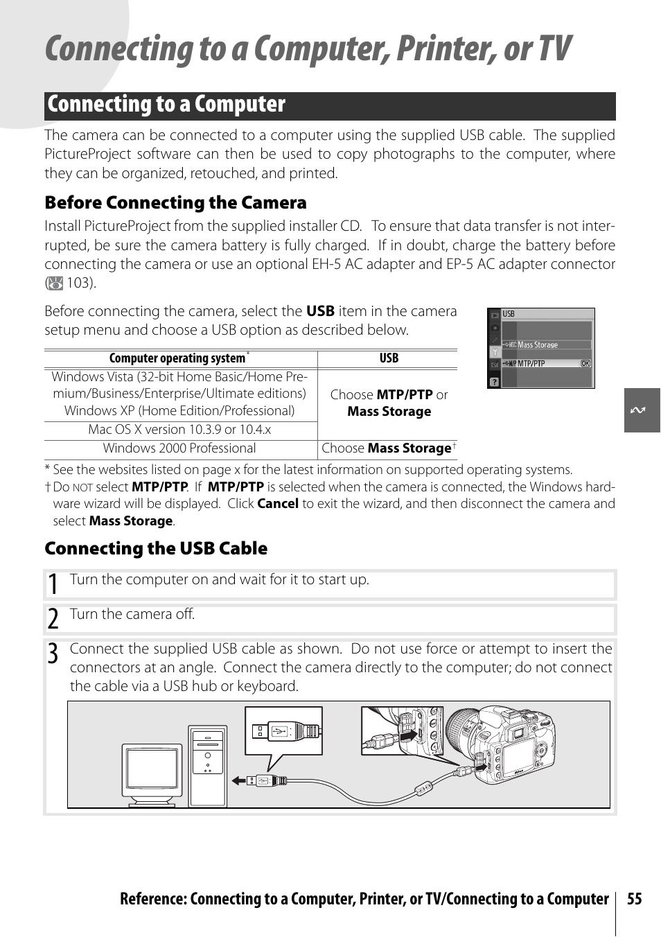 Connecting to a computer, printer, or tv, Connecting to a computer | Nikon D40X User Manual | Page 67 / 139