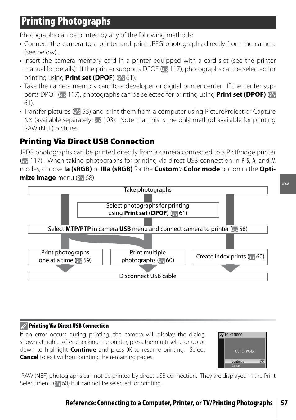Printing photographs, Printing via direct usb connection | Nikon D40X User Manual | Page 69 / 139