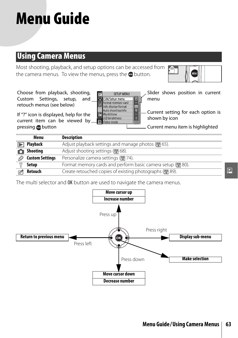 Menu guide, Using camera menus, Menu guide/using camera menus 63 | Nikon D40X User Manual | Page 75 / 139