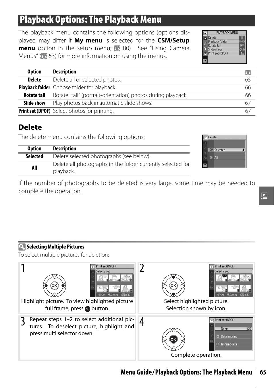 Playback options: the playback menu, Delete | Nikon D40X User Manual | Page 77 / 139